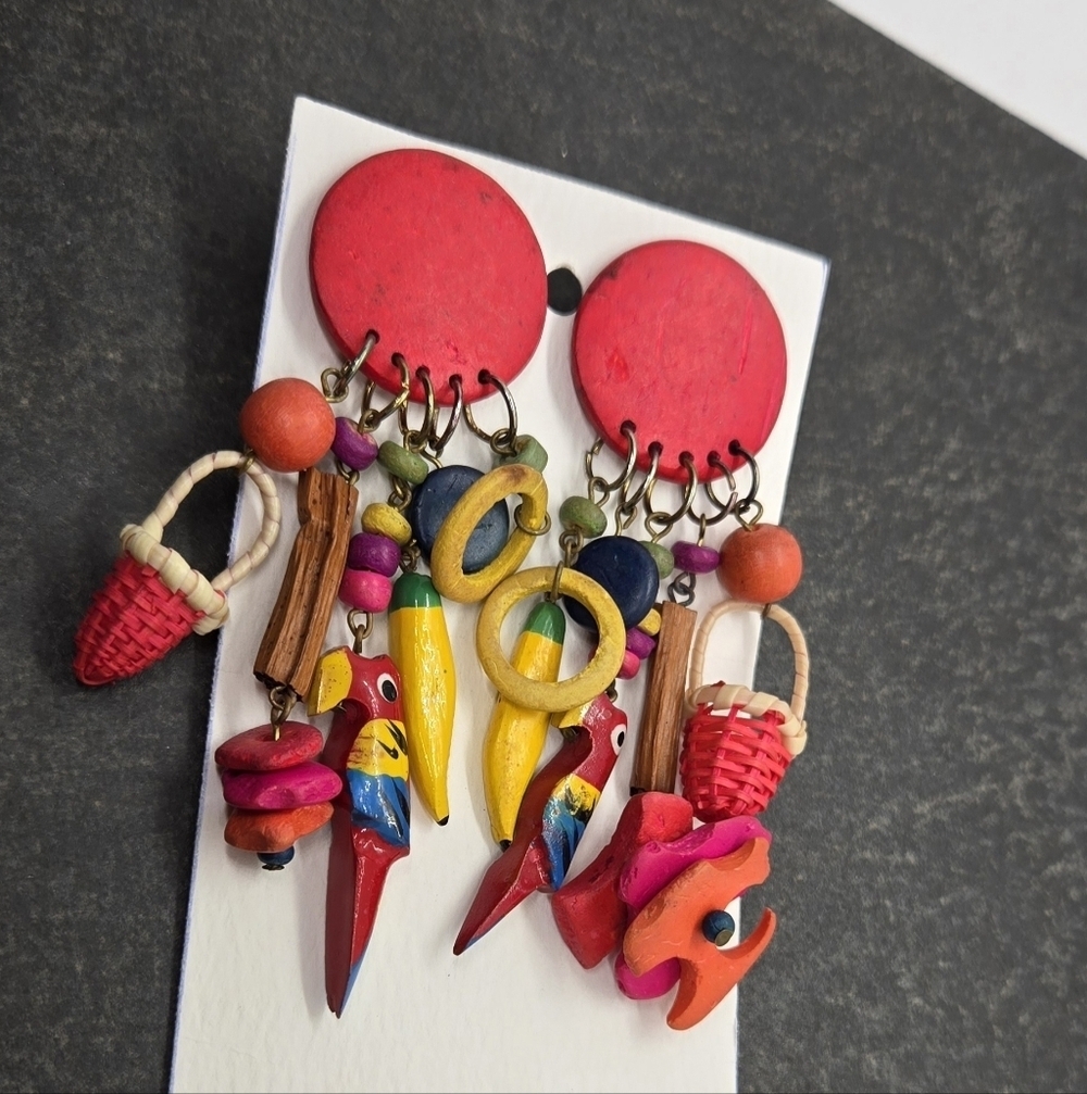 Artisan Colorful Parrot Banana Beads Wooden Dangle Earrings - Picture 3 of 15